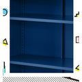 Navy blue metal locker interior showing two empty adjustable shelves with pin holes on side panel, colourful geometric border