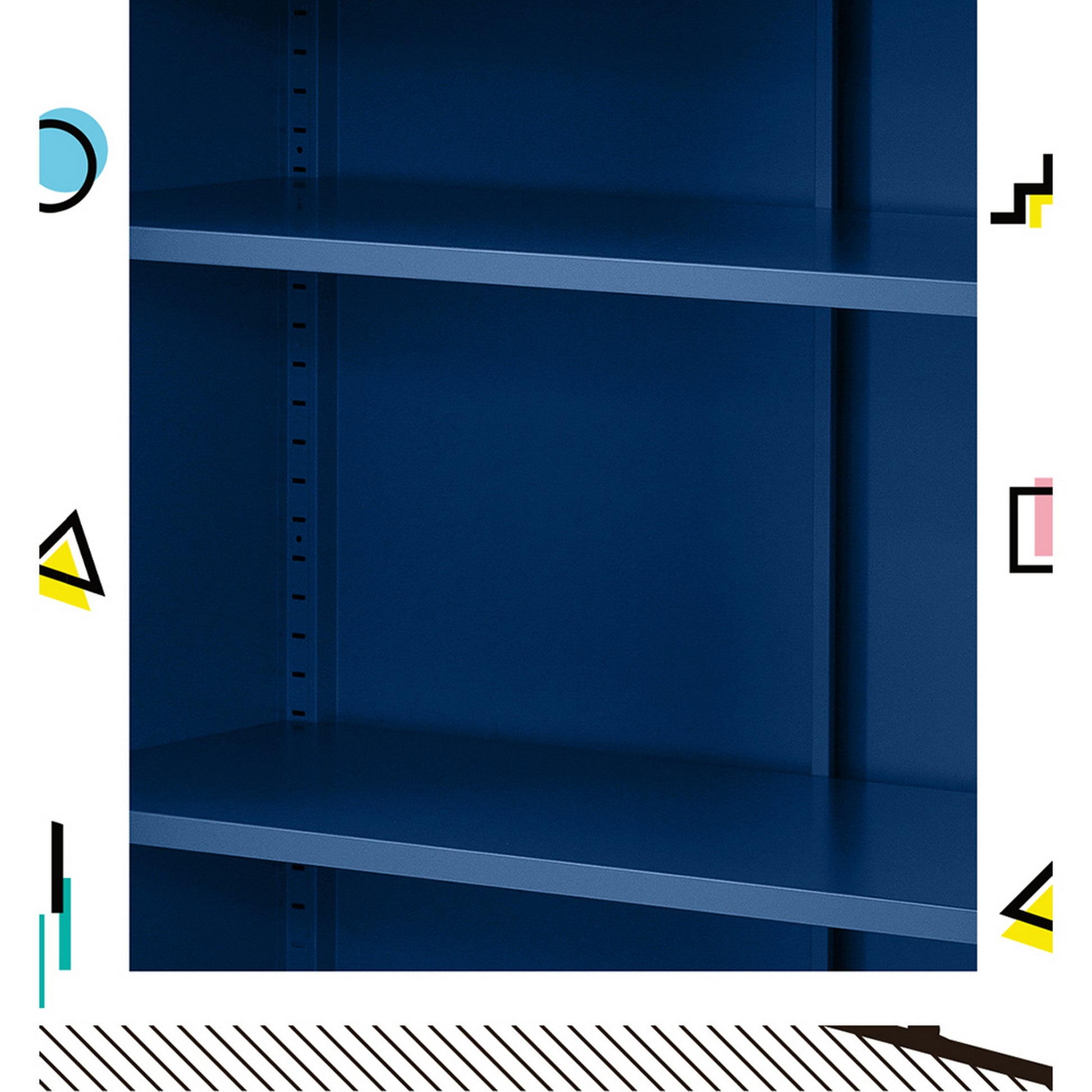 Navy blue metal locker interior showing two empty adjustable shelves with pin holes on side panel, colourful geometric border