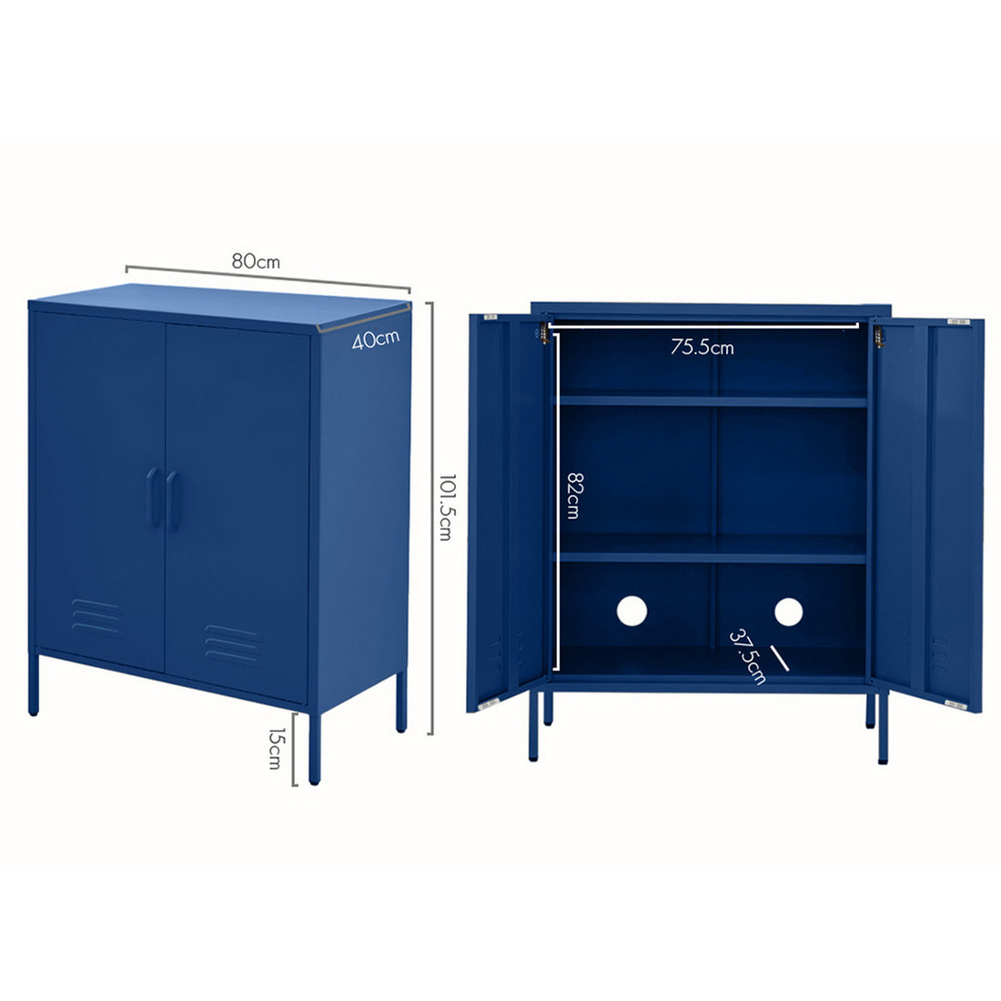 Navy blue metal locker cabinet with two solid doors, D-ring handles, louvre vents at base, metal legs, front view on white