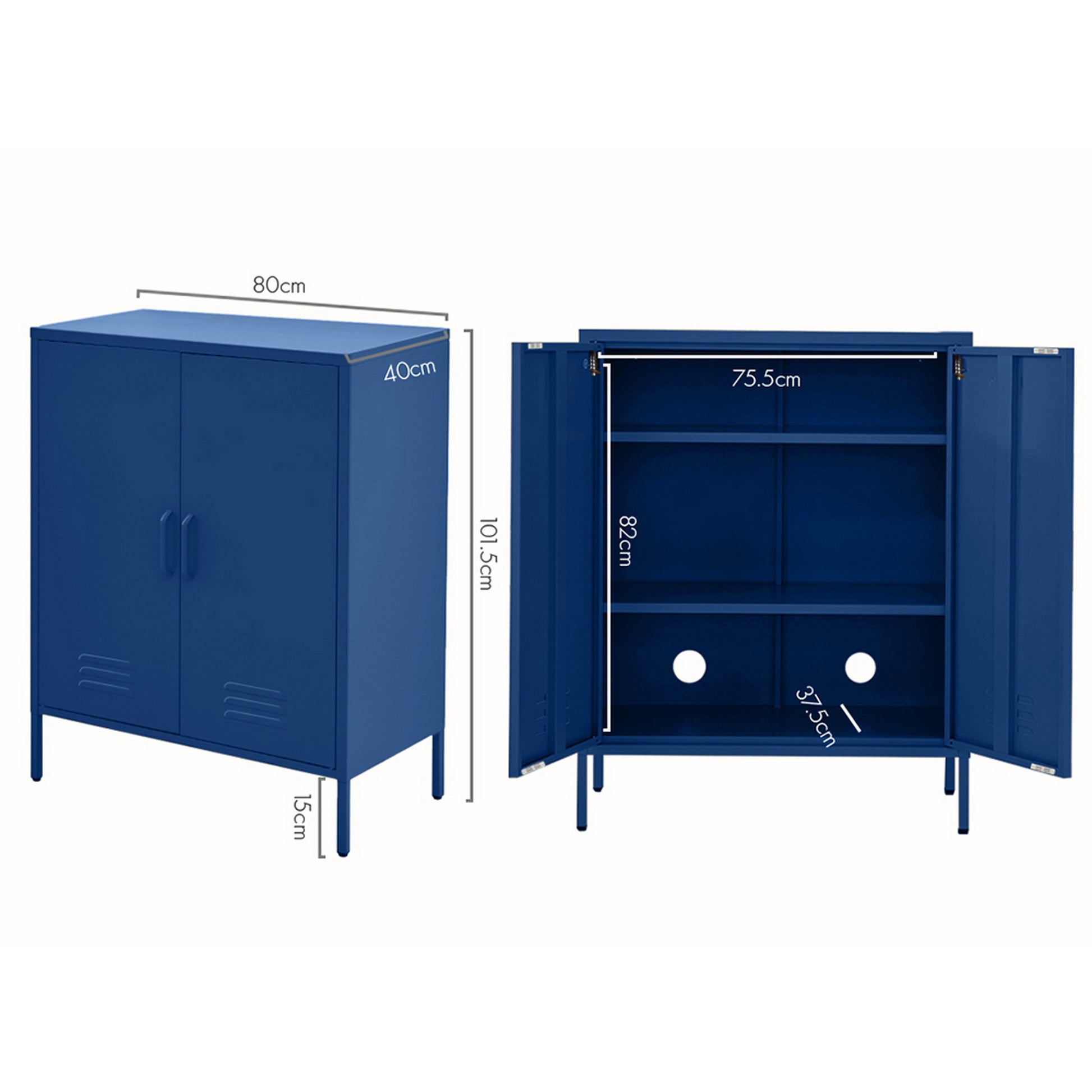 Blue metal locker dimensions: 80cm wide, 40cm deep, 101.5cm tall, legs 15cm; interior 75.5cm wide, 82cm tall, shelf 37.5cm