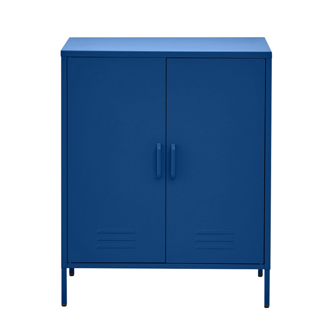 Navy blue metal locker cabinet with two solid doors, D-ring handles, louvre vents at base, metal legs, front view on white