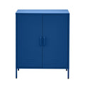 Navy blue metal locker cabinet with two solid doors, D-ring handles, louvre vents at base, metal legs, front view on white