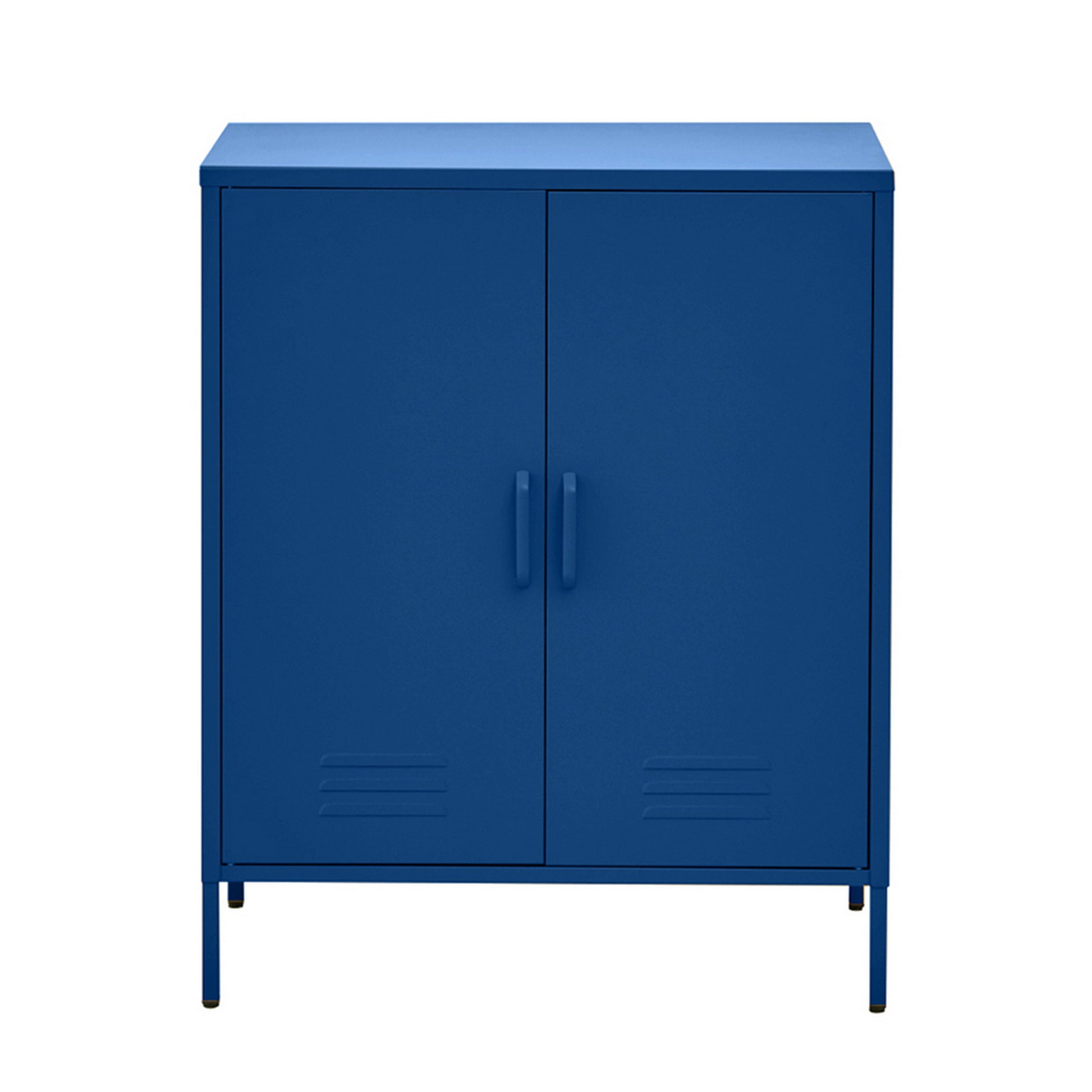Navy blue metal locker cabinet with two solid doors, D-ring handles, louvre vents at base, metal legs, front view on white