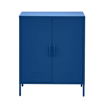 Navy blue metal locker cabinet with two solid doors, D-ring handles, louvre vents at base, metal legs, front view on white