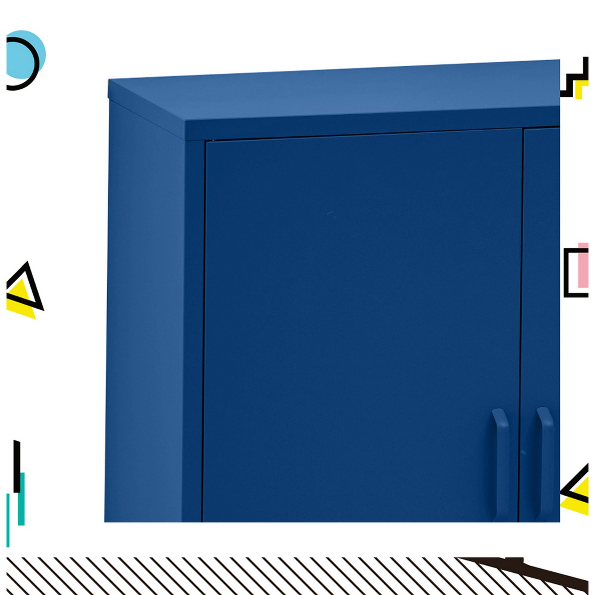 Navy blue metal locker cabinet top corner close-up showing door seam and D-ring handle, colourful geometric shapes on border