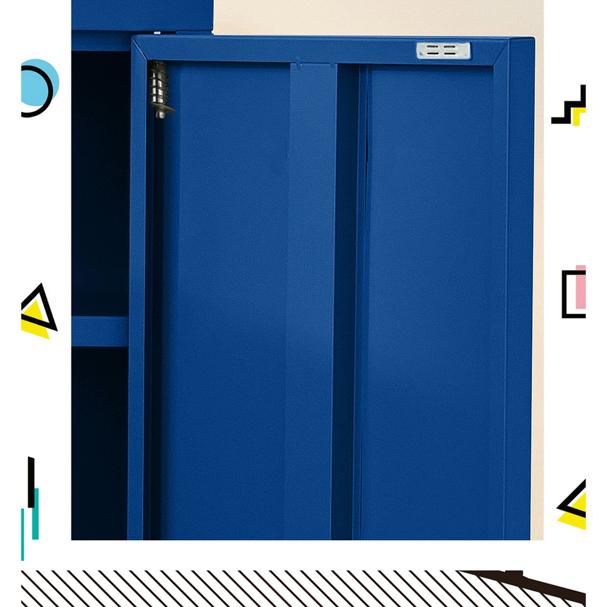 Navy blue metal locker interior door close-up showing door back, silver hinge at top, ventilation slot, geometric border