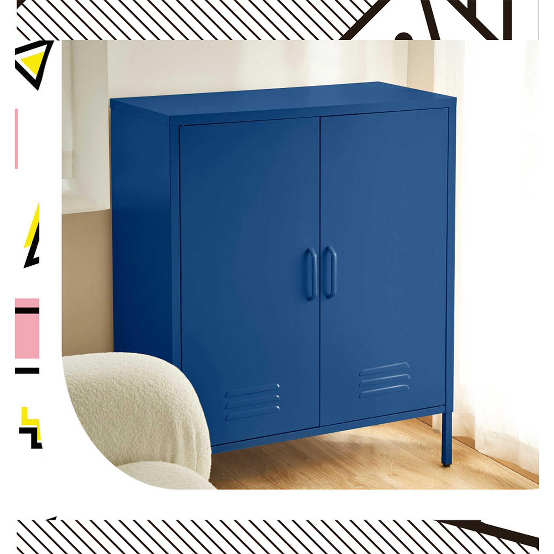 Navy blue metal locker in living room corner with armchair, louvre vents at base, D-ring handles, colourful geometric border