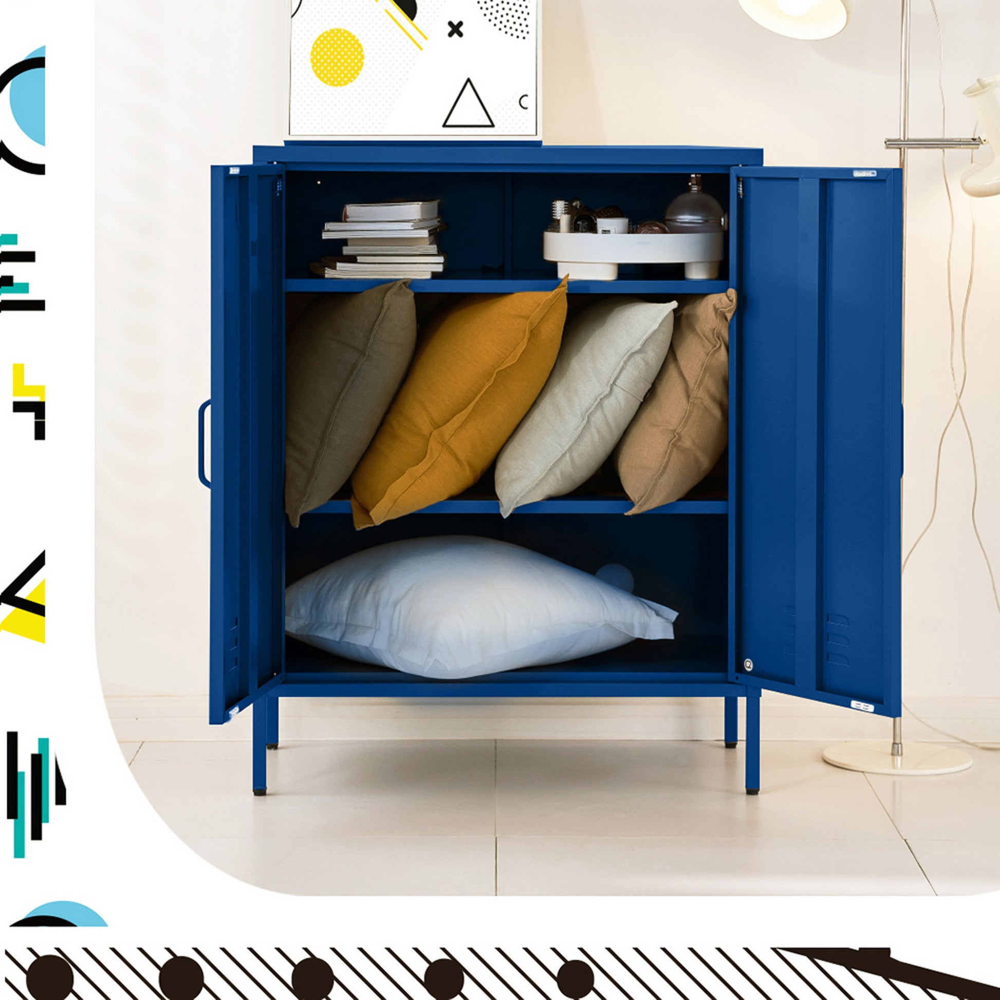 Navy blue metal locker open in room showing pillows stacked on lower shelves, books and decorative items on top shelf