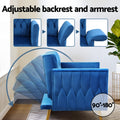 Blue velvet armchair feature panel: adjustable backrest 90-180 degrees and foldable armrest, three close-up steps shown
