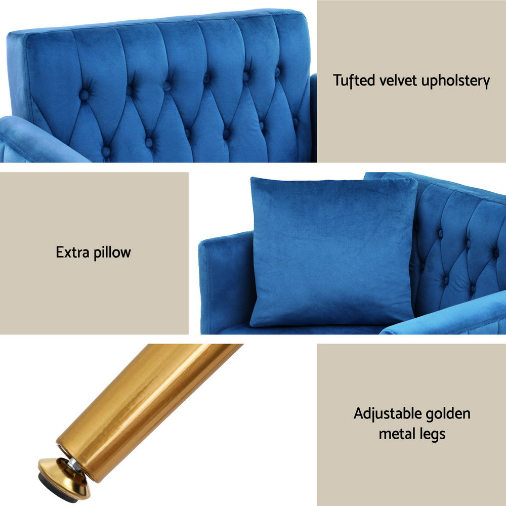 Blue velvet armchair detail: tufted velvet back, square cushion in seat, and gold adjustable leg close-up with foot pad