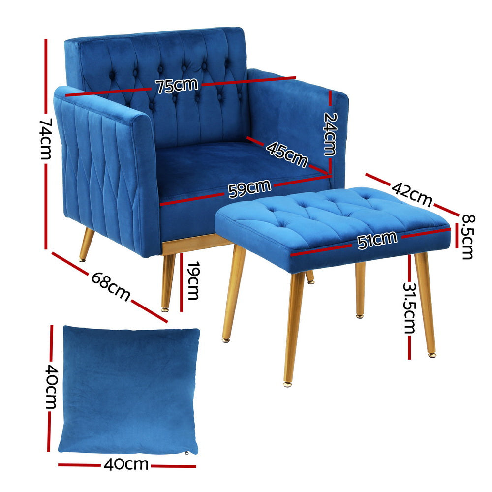 Royal blue velvet armchair and ottoman set: tufted back, diamond-quilted sides, gold legs, square cushion, white background