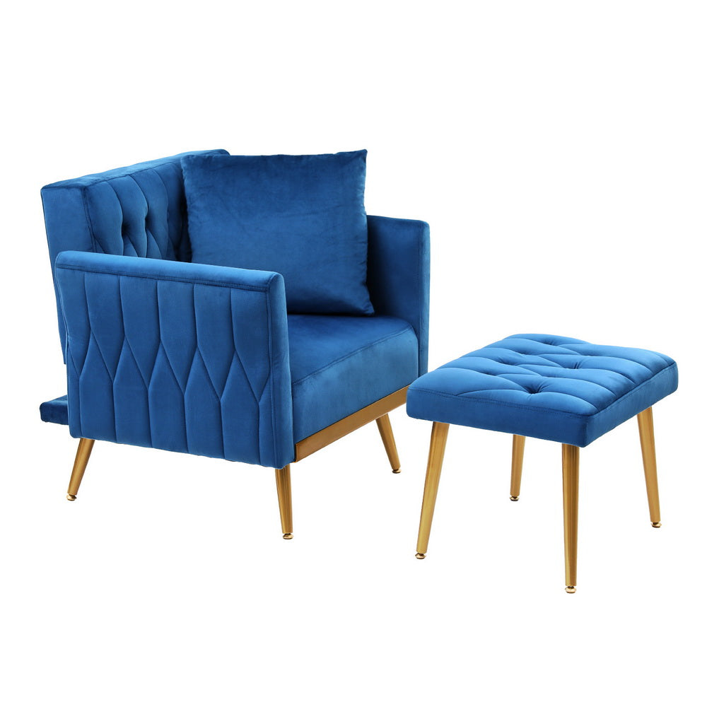 Blue velvet armchair and ottoman side view showing diamond-quilted side panel, square cushion, tufted ottoman and gold legs