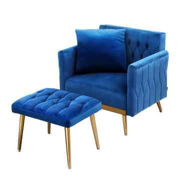 Royal blue velvet armchair and ottoman set: tufted back, diamond-quilted sides, gold legs, square cushion, white background