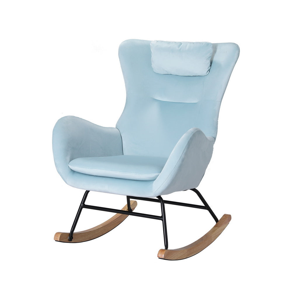 Light blue velvet wingback rocking chair three-quarter angle view with headrest pillow, black metal frame and wood runners