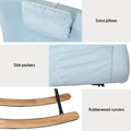 Light blue velvet rocking chair detail: headrest pillow, side storage pocket, and rubberwood runner close-ups with callouts