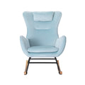 Light blue velvet wingback rocking chair front view with rectangular headrest, black metal frame and wood runners