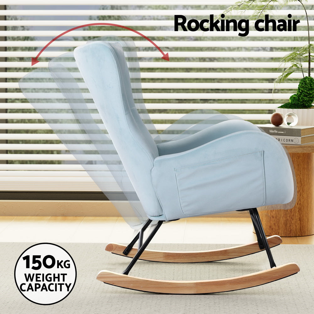 Light blue velvet rocking chair with rocking motion ghost image, "Rocking chair" text and 150kg weight capacity badge