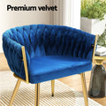 Blue velvet woven back accent chair with gold legs, 