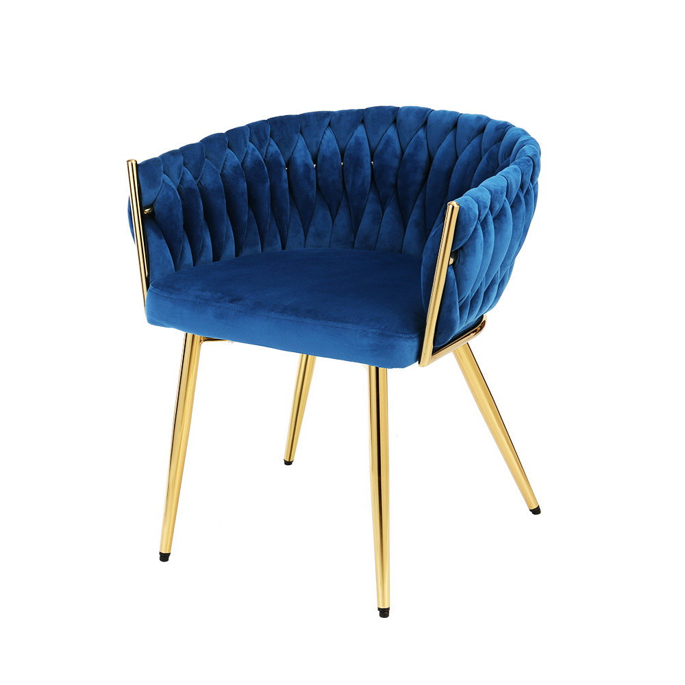 Blue velvet woven back tub chair with gold metal legs and armrest bars, three-quarter angle view on white background