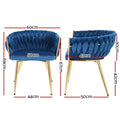 Blue velvet woven back chair dimensions: front 60cm wide, 69cm tall, seat 50cm wide; side 50cm deep, 42cm seat height