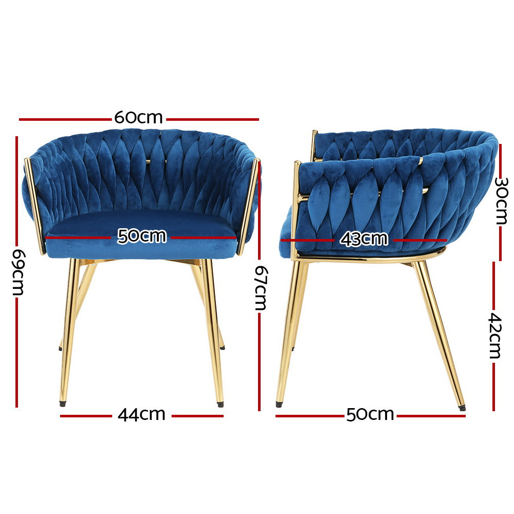 Blue velvet woven back chair dimensions: front 60cm wide, 69cm tall, seat 50cm wide; side 50cm deep, 42cm seat height