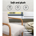 Cream fabric armchair features infographic showing easy to clean, breathable, soft touch icons and 8cm seat cushion thickness
