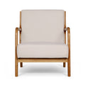 Cream boucle upholstered armchair with curved natural wood frame front view on white background