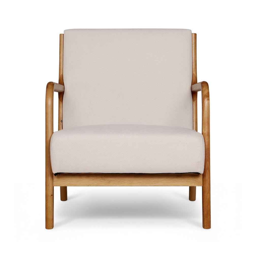 Cream boucle upholstered armchair with curved natural wood frame front view on white background