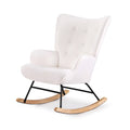 White boucle wingback rocking chair with button-tufted back, black metal frame and wood rockers, angle view