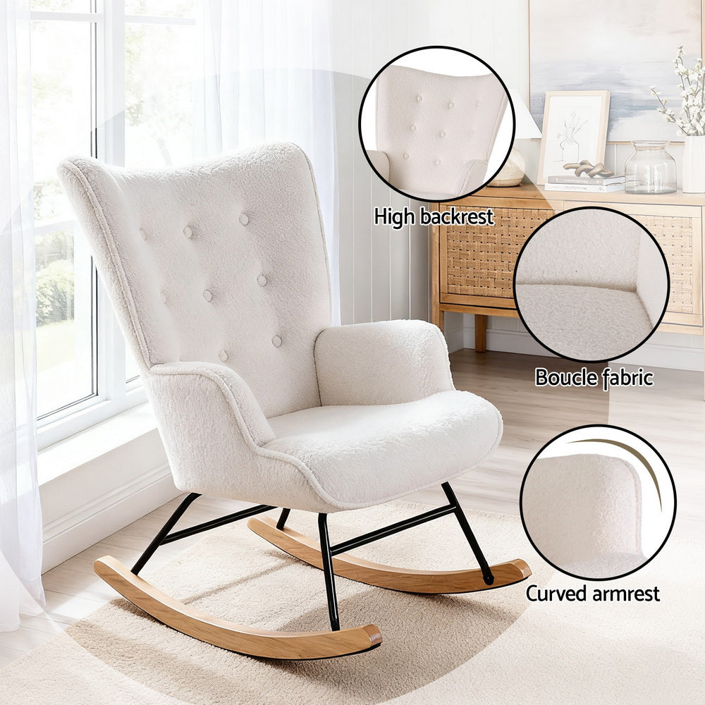White boucle wingback rocking chair with callouts: high backrest, boucle fabric, curved armrest, in room by window
