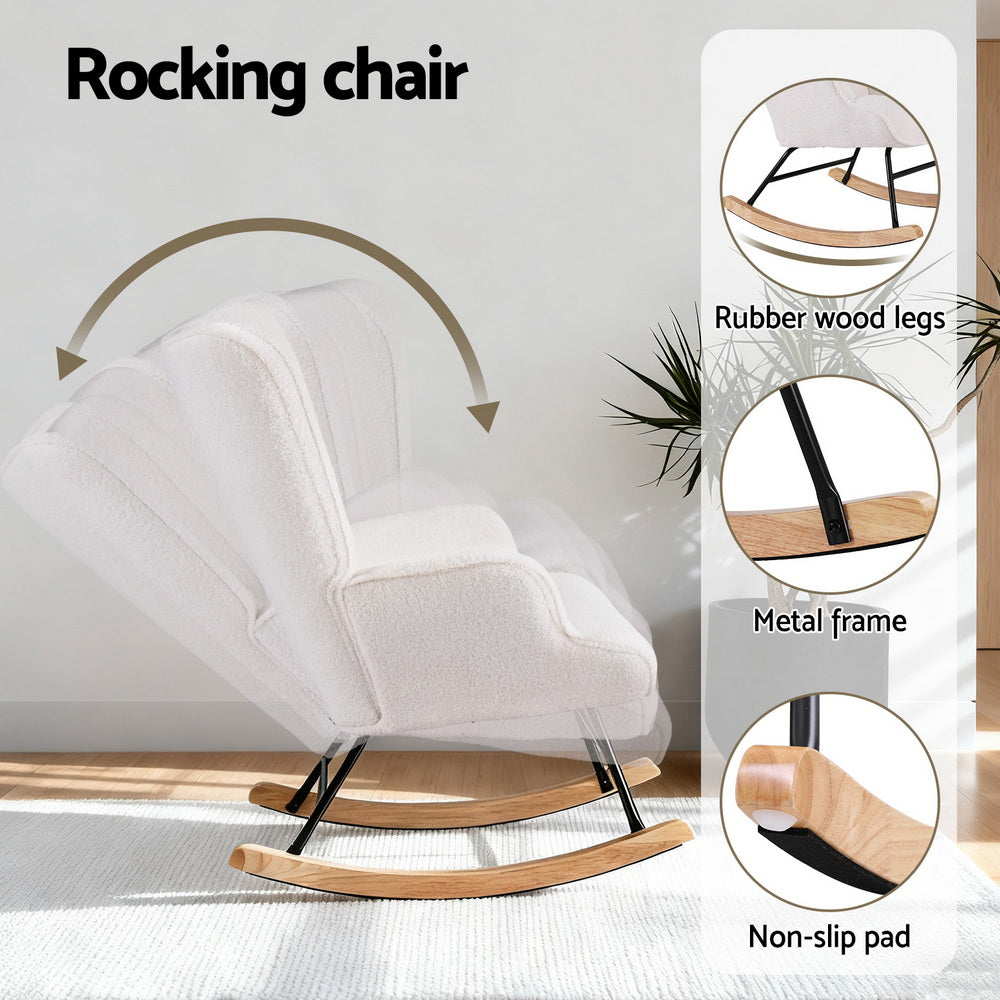 White boucle wingback rocking chair showing rocking motion with callouts: rubber wood legs, metal frame, non-slip pad