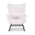 White boucle wingback rocking chair with 6-button tufted back, black metal frame and wood rockers, front view