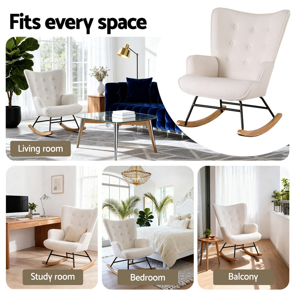 White boucle wingback rocking chair "Fits every space" collage: living room, study room, bedroom, balcony