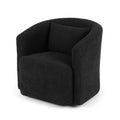 Black boucle swivel barrel chair with back cushion and round base, three-quarter angle on white background