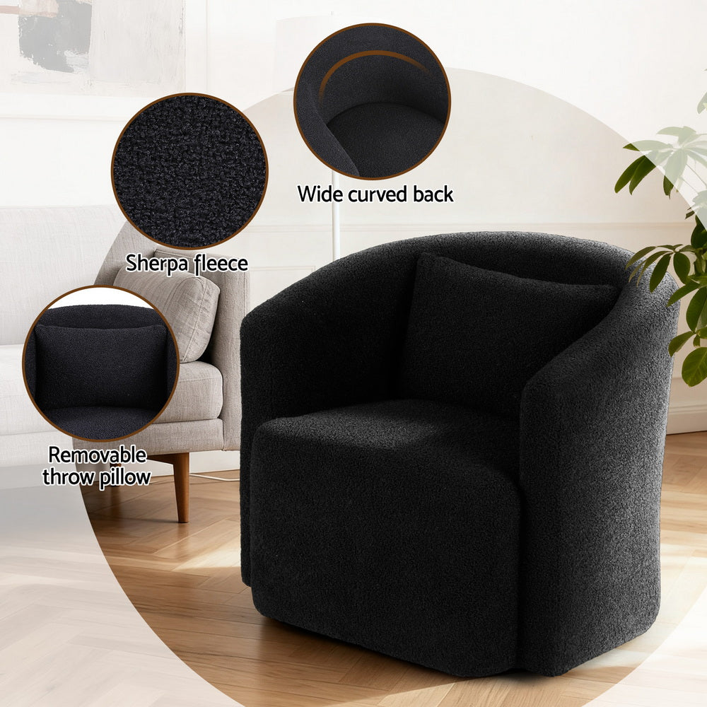 Black boucle swivel barrel chair callouts: sherpa fleece texture, wide curved back, removable throw pillow