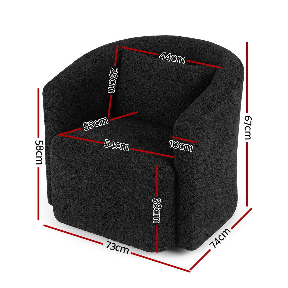 Black boucle swivel barrel chair dimensions: 73cm wide, 74cm deep, 67cm tall, 54cm seat depth, 38cm base height