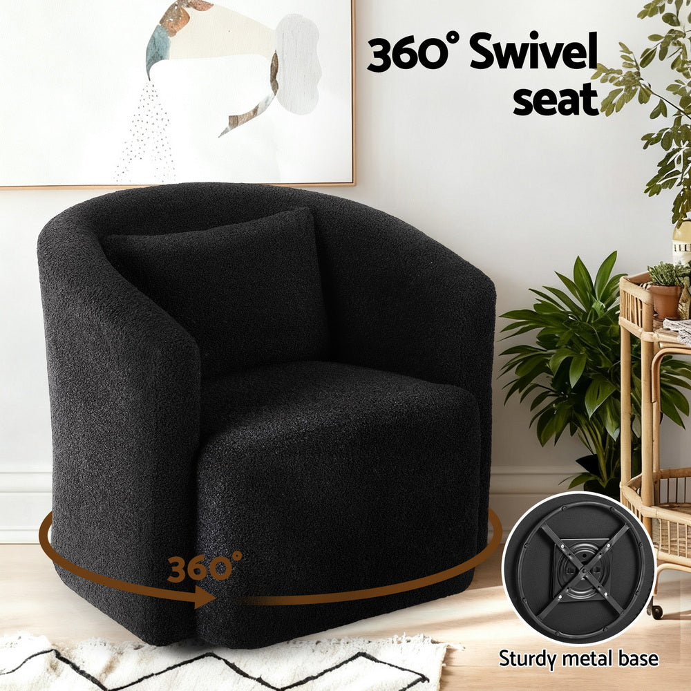 Black boucle swivel barrel chair labelled "360° Swivel seat" with inset showing sturdy metal base, room with plants