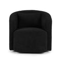 Black boucle swivel barrel chair with back cushion, round base, front view on white background