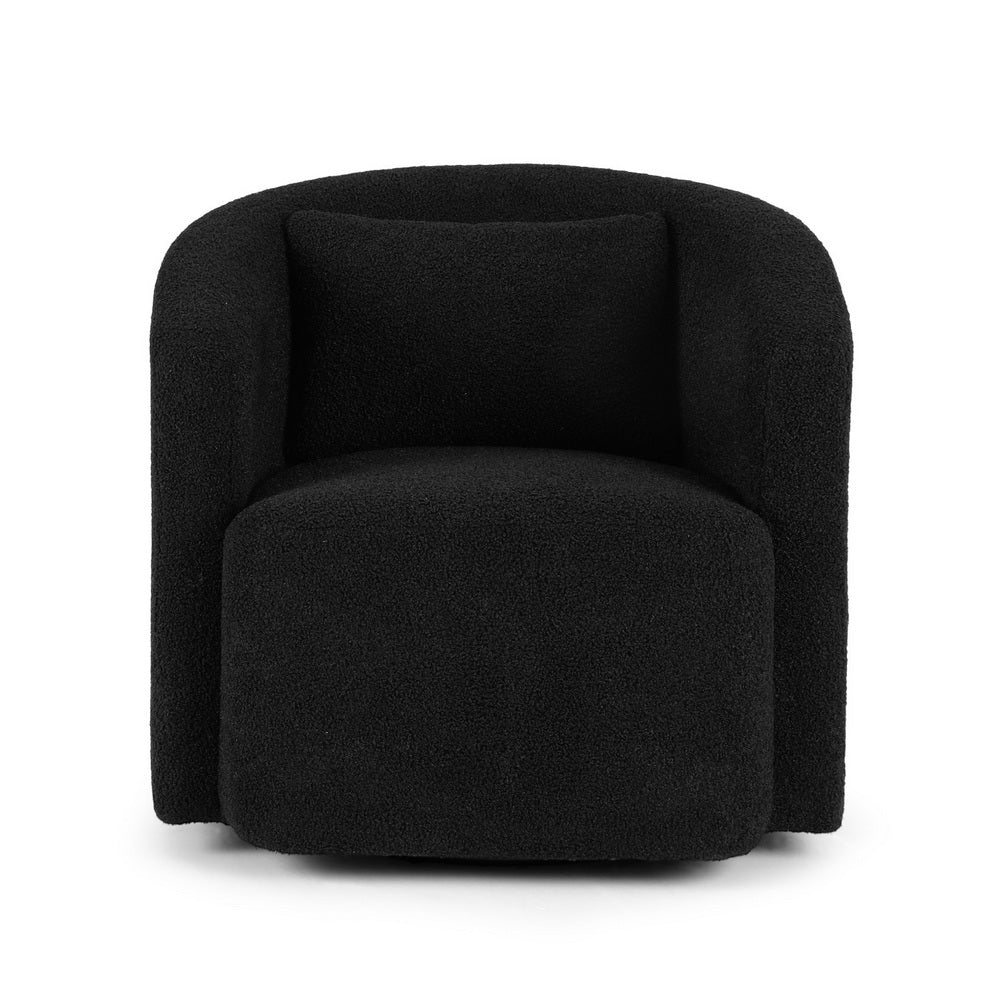 Black boucle swivel barrel chair with back cushion, round base, front view on white background