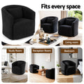 Black boucle swivel barrel chair in five settings: living room, study room, reception room and bedroom