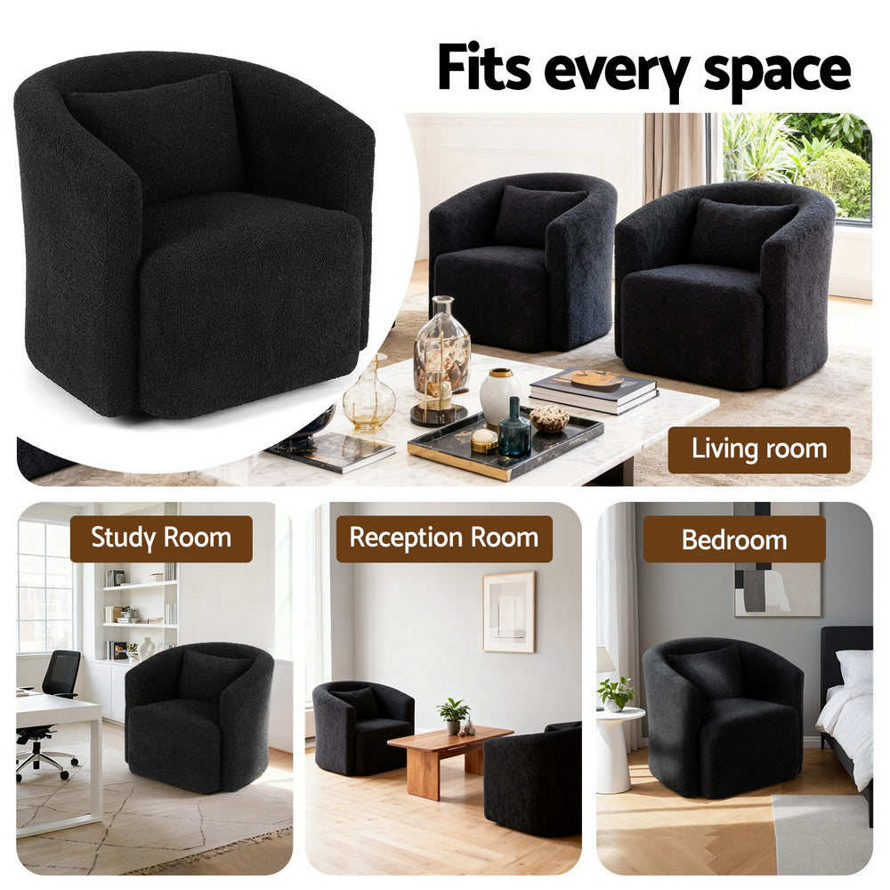 Black boucle swivel barrel chair in five settings: living room, study room, reception room and bedroom
