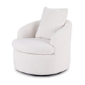 White boucle swivel barrel chair with back cushion, three-quarter angle on white background