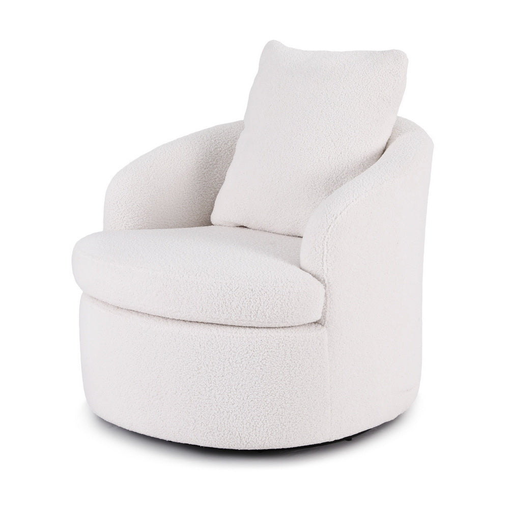 White boucle swivel barrel chair with back cushion, three-quarter angle on white background