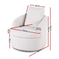 White boucle swivel barrel chair dimensions: 70cm seat, 76cm base diameter, 84cm total height, 66cm arm height