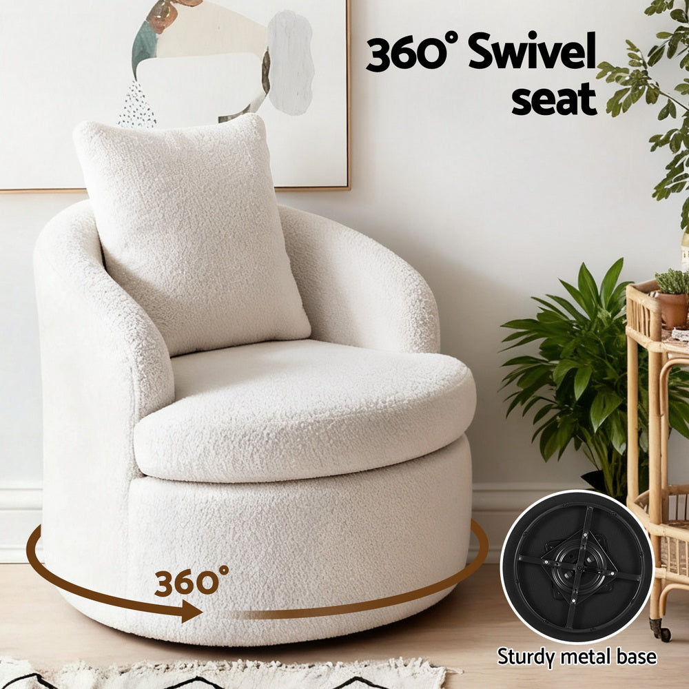 White boucle swivel barrel chair labelled "360° Swivel seat" with inset showing sturdy metal base, in room with plants
