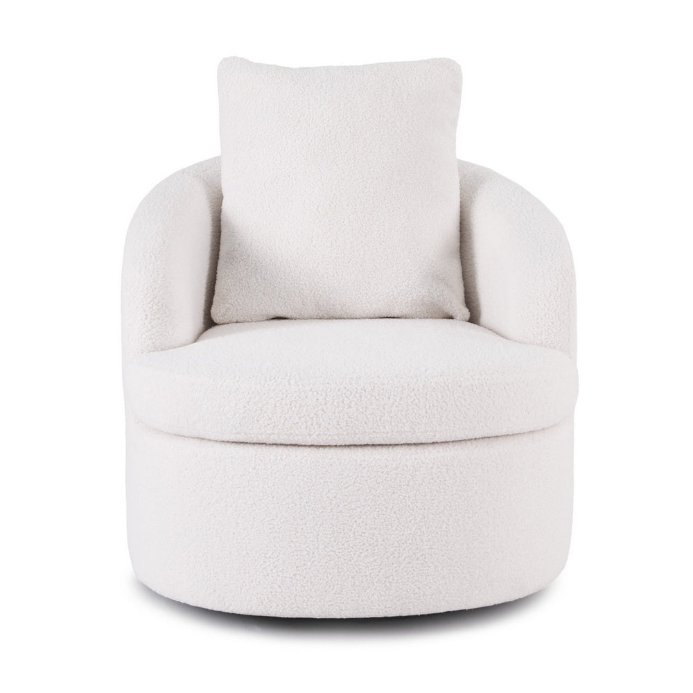 White boucle swivel barrel chair with back cushion, round base, front view on white background