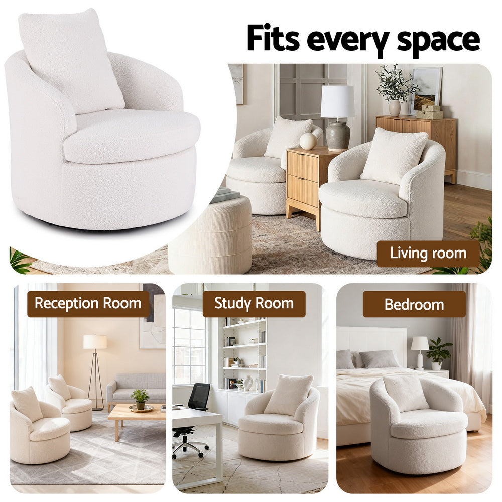 White boucle swivel barrel chair "Fits every space" collage: living room, reception room, study room, bedroom