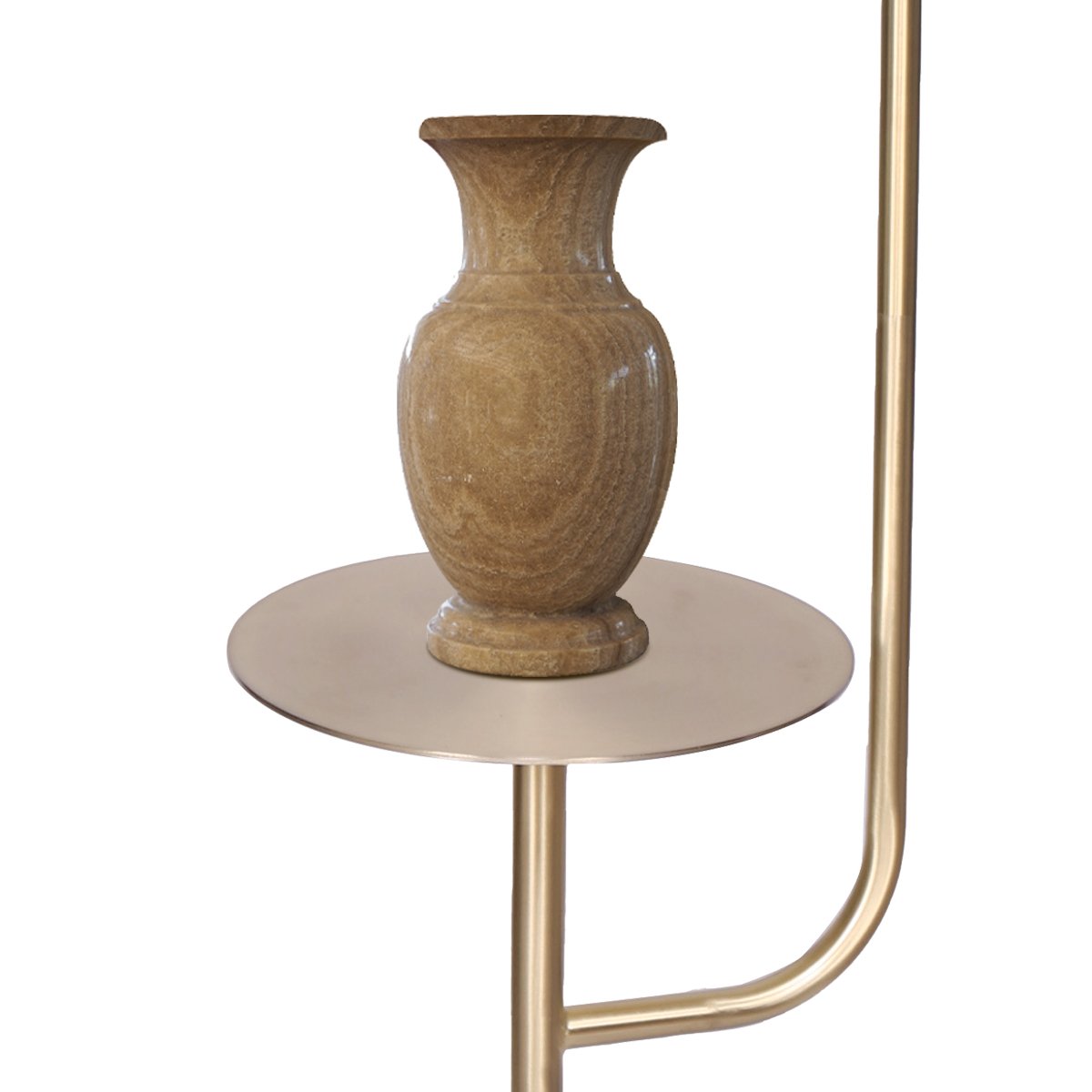 Close-up of round brass side table tray with tan marble-patterned vase, brass arc arm visible behind, white background