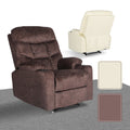 Brown fabric tufted recliner front angle with cream PU variant inset, two colour swatches: cream and brown (selected)