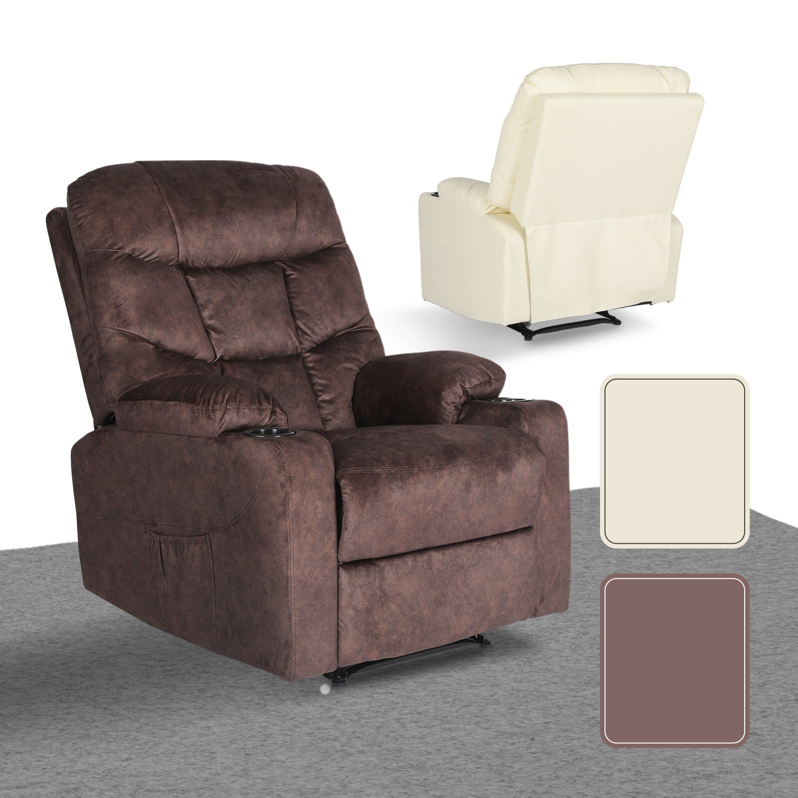 Brown fabric tufted recliner front angle with cream PU variant inset, two colour swatches: cream and brown (selected)